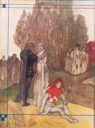 Innvendig omslagsdesign, fra Tales from Shakespeare pub. av Ward Lock & Co Ltd, 1930-40-tallet