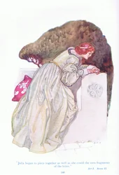 Julia begynte å sette sammen så godt hun kunne de revne fragmentene av brevet (Two Gentlemen of Verona), fra Tales from Shakespeare pub. av Ward Lock & Co Ltd