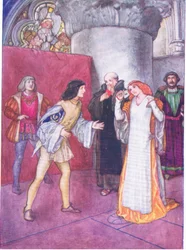 Den ukjente damen tok av seg masken og viste seg ikke å være noen niese (som ble presentert) av damehelten selv (Much Ado About Nothing), fra Tales from Shakespeare pub. av Ward Lock & Co Ltd