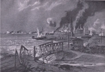 Ødeleggelse av et verft i Bari (Italia) av østerriksk-ungarske torpedo-destroyere, fra puben The Illustrated History of the World War 1914-1915. av Union Berlagsefellfchaft