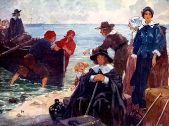 En gruppe landflyktige fortøyde barken sin ved den ville kysten av New England, 1620, 1905.