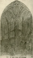 Arkitektonisk tegning: utsikt over orgelskjerm og antikapell, 1833-1834, 1906.