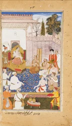 Bhishma gir råd til Yudhishthira om naturen til de fire varnaene, eller kastene, 1598