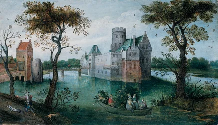 Et slott med vollgrav med elegante figurer i en båt og en jeger og hundene hans på en sti i forgrunnen (olje på panel)