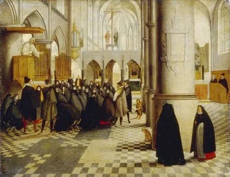 Kirketjeneste. Maleri av Abel Grimmer (1570-1619), olje på tre