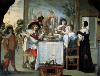 Fem sanser, smak av anonym maler, kopi av gravering av Abraham Bosse (1602-1676), olje på lerret - "De fem sansene: smaken" Scene de smaker på et raffinert måltid bestående av meloner, artisjokker, i et vakkert adelshjem. Maleri av Abraham Bosse (1602