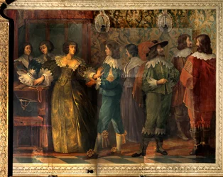 Scene av livet til Charles de Valois (1573-1650), hertugen av Angouleme - Festscene gitt i anledning ekteskapet til Charles de Valois med sin andre kone i 1644 - En kvinne, oppsøkt av en hoffmann, pågriper for å sette henne krage - Fresco av Abrah