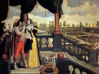 De fem sansene: Lukt Et par adelsmenn foran en hage, mannen lukter en bukett blomster. Maleri av Abraham Bosse (1602-1674) 1600-tallet. Omvisninger, Museum of Fine Arts