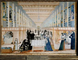 Utsikt over Infirmary of Charite (Charity Hospital også kalt Bros Hospital of Saint-Jean-de-Dieu), i Paris, under et besøk av Anne av Østerrike (1601-1666), spedbarn av Spania, Dronning av Frankrike og Navarra. fremtidig kongedelfin Ludvig XIV er også repr