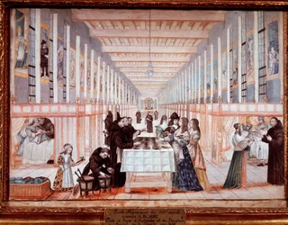Besøk av Anne av Østerrike til Hospital of the Sisters of Charity. Med delfinen (senere Louis IV) (gouache, ca. 1640)