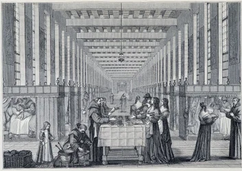 Innvendig utsikt over sykestuen til Hôital de la Charite (også kalt sykehuset til Freres-de-Saint-Jean-de-Dieu), i Paris - Gravering etter Abraham Bosse (1602-1676) - utgitt i "" 1600-tallet - Institusjoner: bruk og kostymer, Frankrike 1590-1