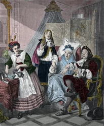 "Le Malade imaginaire" av Jean-Baptiste Poquelin kalt Moliere (1622-1673): scene 9, akt II. Gravering etter maleriet av Abraham Solomon (1824-1862) fra 1861.