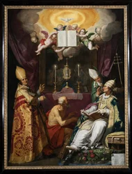 ""kirkens fire fedre"" Representasjon av den hellige Ambrosius av Milano, den hellige Augustin av Hippo, den hellige Gregor den store og den hellige Hieronymus - Maleri av Abraham Bloemaert (1566-1651)