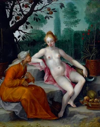 Vertumnus og Pomona (årsguden forkledd seg som en gammel kvinne for å få inngang til nymfens frukthage) - Maleri av Abraham Bloemaert (1566-1651), olje på kobber, rundt 1605 - (Vertumnus og Pomona, av Abraham Bloemaert , olje på kobber, c1605)