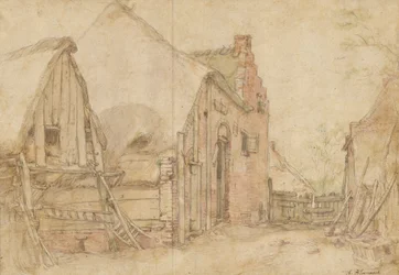 Utsikt over en gårdsplass (recto); Studie av et tre (verso)