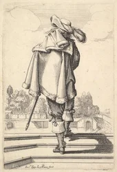 En gentleman, sett bakfra, gående opp en brystning, med en kappe over venstre skulder..., 1629.