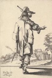 En gentleman, sett bakfra, med høyre arm utstrakt og en kappe over venstre s..., 1629.