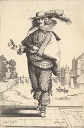 En herre som står foran et stort slott og har på seg en lue med plymer og en blondekrage..., 1629.