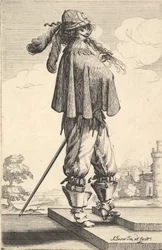 En gentleman iført en kort frakk, hjelm og støvler med sporer, stående på trappen og..., 1629.