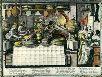 Et konditori på 1600-tallet: bakrommet der bakere og konditorer lager og steker kaker og brød, og kunder i butikken. En kakeform henger på veggen. Gravering av Abraham Bosse (1602-1676)