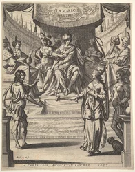 Frontispice for Tristan LHermite: Marianne står til høyre foran Herodes og hans rett..., 1637.