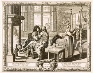 Ektemann med kone sittende på kne ved peisen, Bosse, Abraham (1602-76)