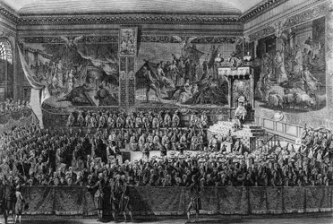 Første av den franske revolusjonen: Rettferdighetsseng holdt i Versailles 6. august 1787 av kongen av Frankrike Ludvig XVI (1754-1793). Tegning og gravering av Abraham Girardet. Paris, bibliotek ved Institutt for revolusjonshistorie