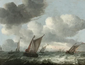 Fiskebåter utenfor kysten i et hakkete hav (olje på panel)