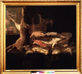 "Still Life with Fishes and a Dead Hare" Maleri av Abraham Hendricksz van Beyeren (1620/21-1690) (ec. holl.) Pushkin-museet fra 1600-tallet, Moskva