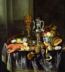 Stilleben med frukt og skalldyr