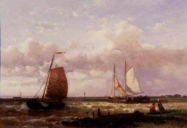 En kystscene med fiskebåter (olje på panel)
