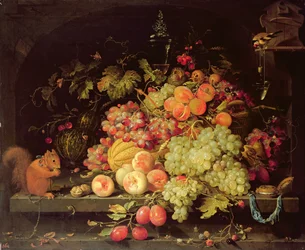 Stilleben med frukt, ekorn og stillits