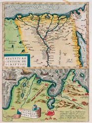 En nyere beskrivelse av Egypt. - Carthage Bay Type Geografikart over Egypt med byene Nilen og Kartago (Tunisia) fra "Theatrum Orbis Terrarum" av Abraham Ortelius (Oertel, Ortell eller Ortel