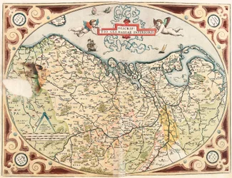 Beskrivelse av Nedre Tyskland Geografikart over territoriet til Nederland germansk fra "Theatrum Orbis Terrarum" av Abraham Ortelius (Oertel, Ortell eller Ortel