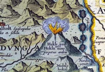 Vulkanen Hekla på Island. Atlas av Abraham Ortelius, Amsterdam 1588.