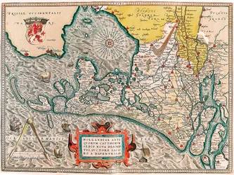 En ny beskrivelse av setet til de gamle kattene i Holland, av Lacobos et daventria Geografikart over territoriet til Nederland med byene Amsterdam og Haarlem... hentet fra "Theatrum Orbis Terrarum" av Abraham Ortelius (Oertel, Ortell eller Orte