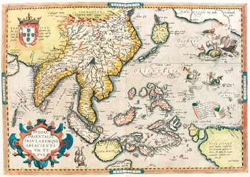 East India Company. Geografikart over Øst-India og Sørøst-asiatisk territorium fra "Theatrum Orbis Terrarum" av Abraham Ortelius (Oertel, Ortell eller Ortel