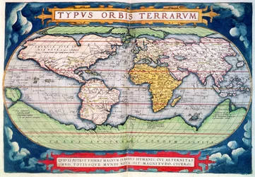 Kart over verden: "Typus Orbis Terrarum", fra Ortelius sin "Americasive New World"