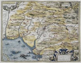 ORTELIUS, Abraham (1527-1598). Theatrum Orbis Terrarum. 1570. Det regnes for å være det første moderne atlaset. CHAVES, Jeronimo de (1523-1574). Matematiker, astronom og navigatør. Kart over Vest-Andalusia. Basert på kartet over Hieronimus Chiaves (Jeronim