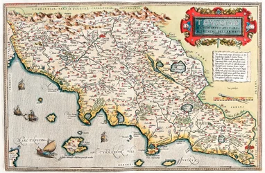 Thusciae Beskrivelse av forfatteren Hieronymo Bellamarto Geografikart over territoriet til Toscana i Italia fra "Theatrum Orbis Terrarum" av Abraham Ortelius (Oertel, Ortell eller Ortel