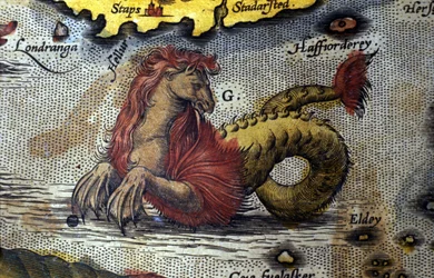 representasjon av et marinemonster min hest min sjøslange. Tallerken fra en utgave av "Theatrum Orbis Terrarum" av kartografen Abraham Ortelius (1527-1598)