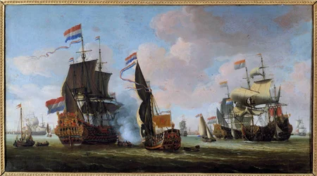 Marinemaleri: scene fra et sjøslag. Maleri av Abraham Storck (1635-1710), 1600-tallet, Angers, Museum for skjønne kunster