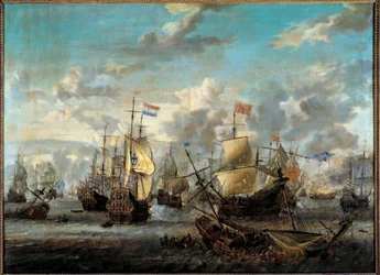 Andre anglo-neerlandskrig: "" Slaget om de fire dager fra 11 til 14/06/1666"" Hun motarbeidet de nederlandske flåtene til engelskmennene. Maleri av Abraham Storck (1635-1710) (ec.hol.) Paris fra 1600-tallet, Musee de la Marine