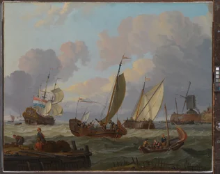 Skip som passerer en vindmølle, ca. 1690 (olje på lerret)