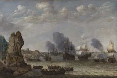 En kamp nær en kyst mellom spanjoler og nedlandende nederlendere