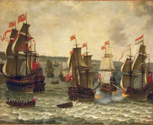 Sjøslag mellom nederlandske og britiske skip, episode fra den første anglo-nederlandske krigen (anglo-nederlandsk) 1652–1654. Olje på tre av Abraham Willaerts (1603–1669).
