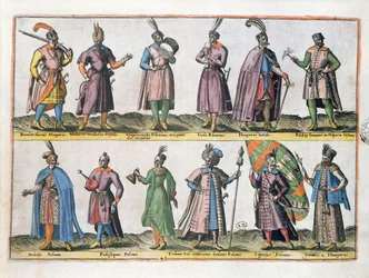 Ungarsk og polsk militærdrakt på 1500-tallet, fra «Drakter fra forskjellige nasjoner i Europa, Asia, Afrika og Amerika», utgitt i Antwerpen i 1581