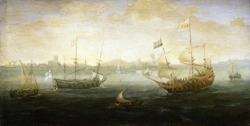 En nederlandsk og en britisk båt, som fører Stuart-flagget, seiler fra en havn, synlig i horisonten, omgitt av forskjellige småbåter