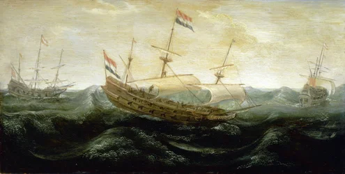 Et nederlandsk skip som seiler på et svært urolig hav, med reduserte seil hvor vinden suser inn. Olje på kobber, rundt 1625, av Abraham de Verwer (rundt 1585–1650).