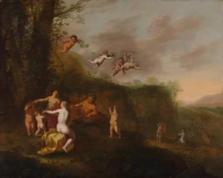 Bacchus og nymfer i et landskap, trolig 1640-tallet.